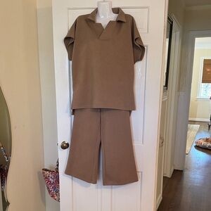 Elegant Brown Women's Wide Leg Pants & Top Set